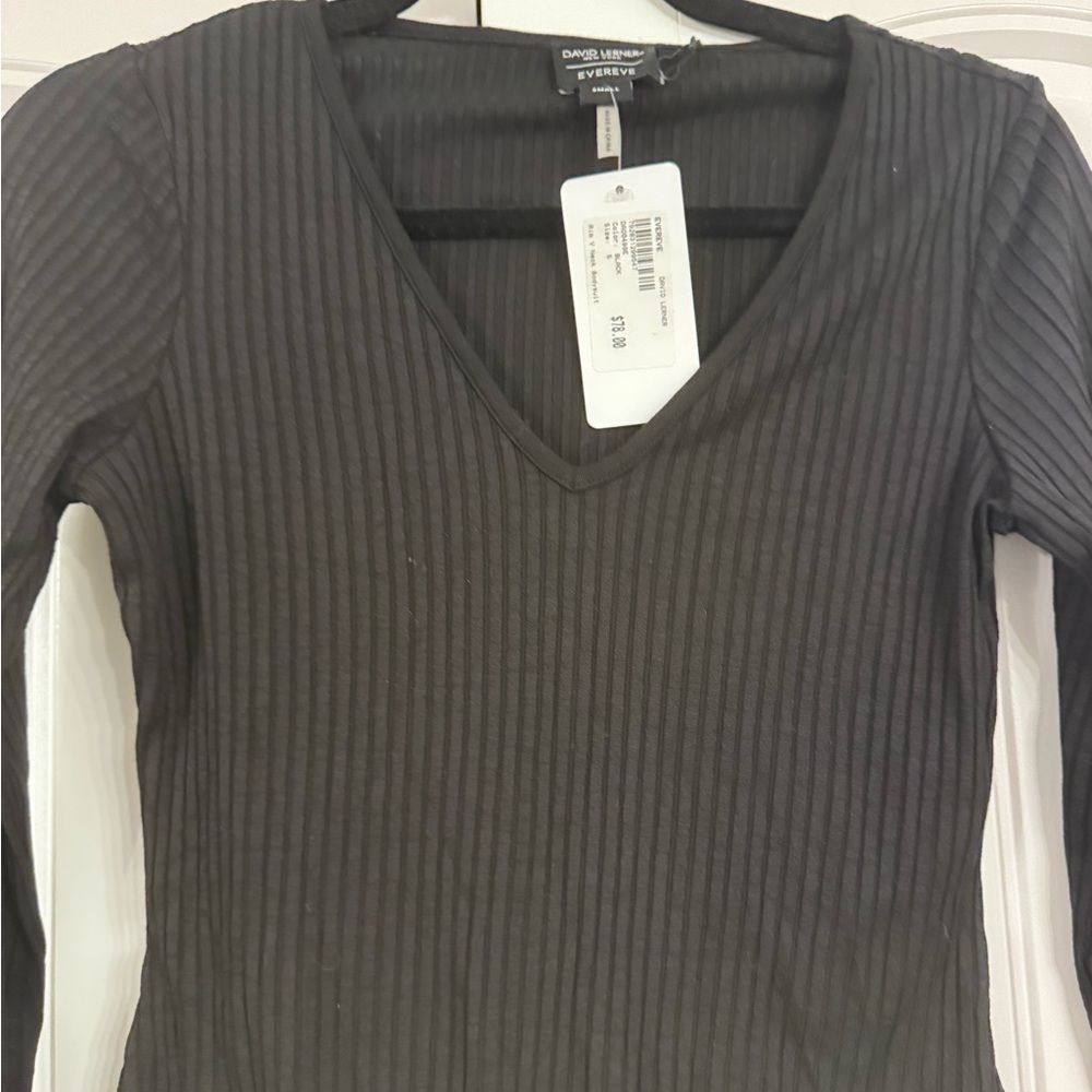 David Lerner, Evereve, Black V-Neck Ribbed Bodysuit, NWT
